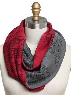 Red and Gray Text Print Infinity Scarf